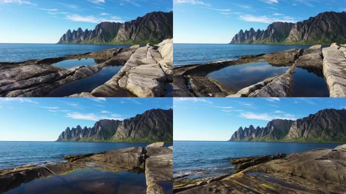 岩石Davil下巴的鸟瞰图。挪威，塞尼亚岛。