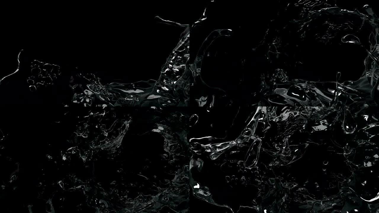 黑色背景上的水晶般清澈的水飞溅动画