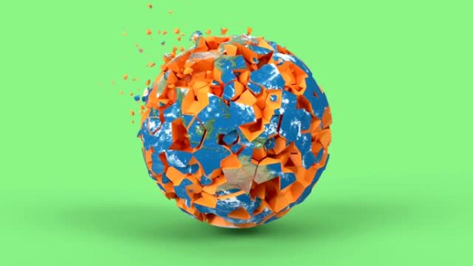 以最小风格旋转地球。背景上的破碎地球行星，3d渲染动画。启示录，灾难概念。