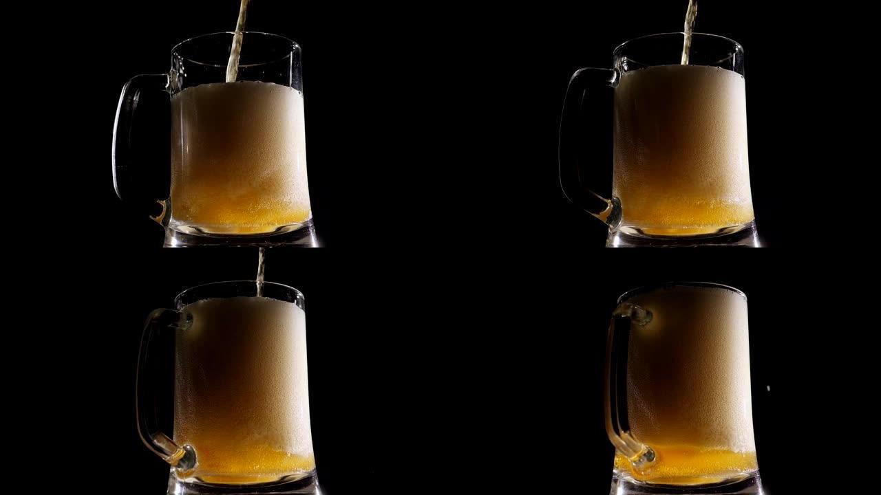 啤酒的特写镜头倒入啤酒杯中，该啤酒杯在黑色背景下缓慢旋转。