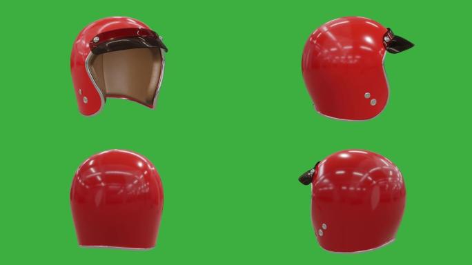 摩托车头盔，绕其轴旋转色度键，生命安全配件，红色，内部有塑料遮阳板和皮革。逼真的3D渲染。