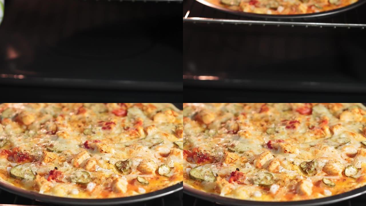 自制意大利披萨在烤箱里烘烤。特写微距拍摄