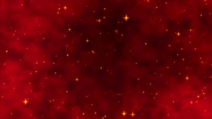 红色图案，带有金色五彩纸屑，星星和红色的心。情人节，结婚请柬电子贺卡。3D渲染视频循环4k