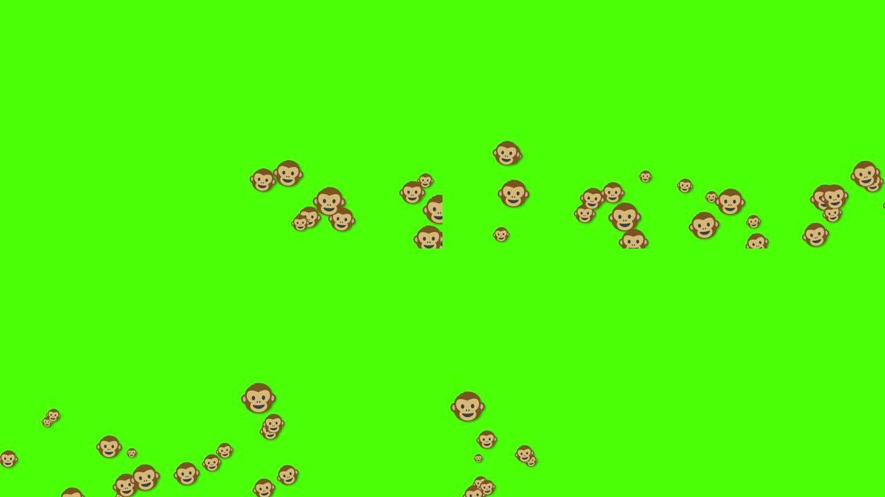 表情符号图标的猴子从绿色背景的左侧飞起来的动画