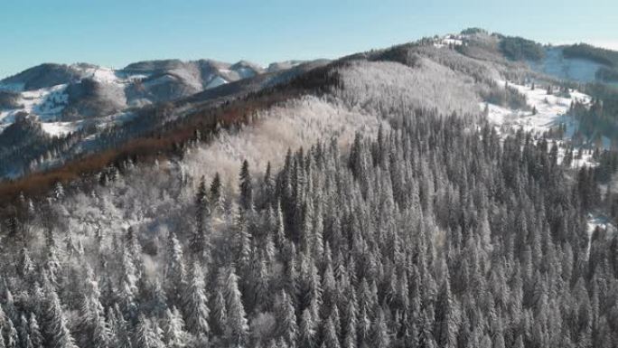 山区冬季森林，空中冰冻雪域景观