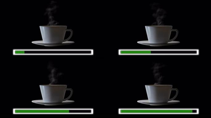 热咖啡风格的杯子动画。3D动画风格。酒吧力量的动画。加载状态栏。现代网络图标。一杯涂鸦咖啡的图形动画