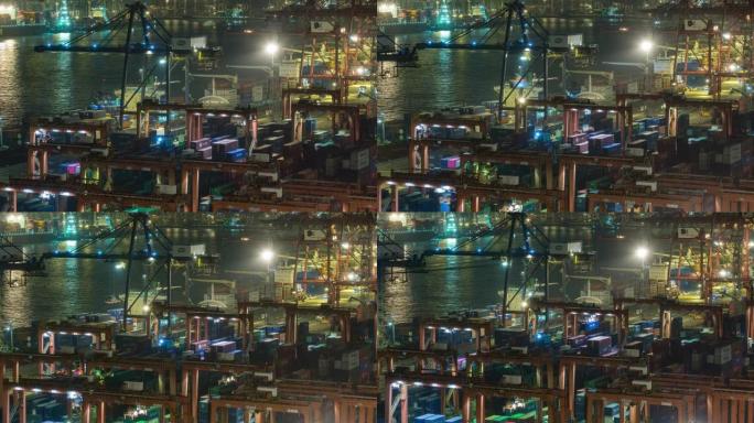 4k延时: 码头商业港口的集装箱货物仓库和夜间工作起重机桥架装卸集装箱，用于商务物流，进出口，运输或