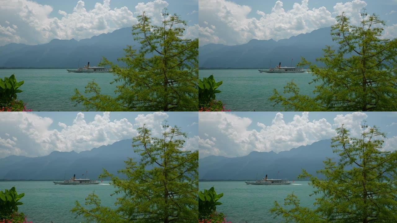 晴天蒙特勒市著名日内瓦湖湾著名渡船交通慢动作全景4k瑞士