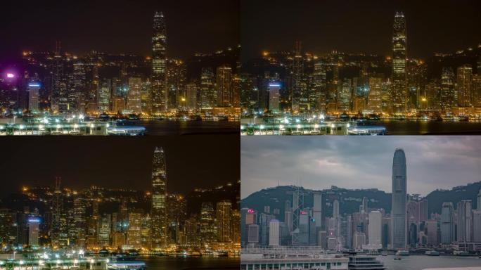 香港天际线的昼夜转换时间流逝。2个中的2个