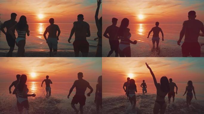 快乐的朋友们在夕阳的映衬下在水面上奔跑。慢动作