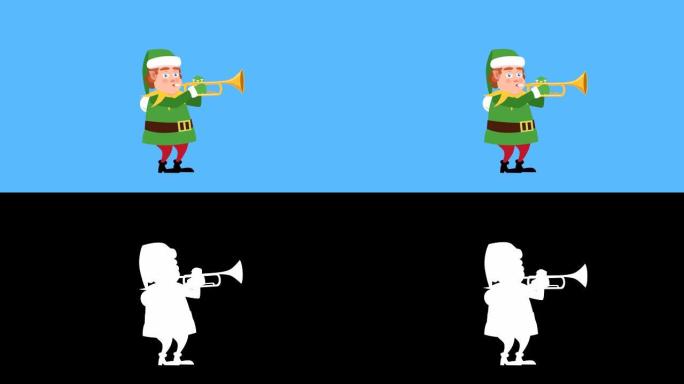 卡通小圣诞老人帮手扁平圣诞人物音乐演奏小号动画包括哑光