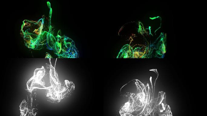 在4k的水中注入荧光多色墨水。墨水流中辉光粒子的3d渲染。亮度哑光作为阿尔法通道。闪亮油墨效果平流的