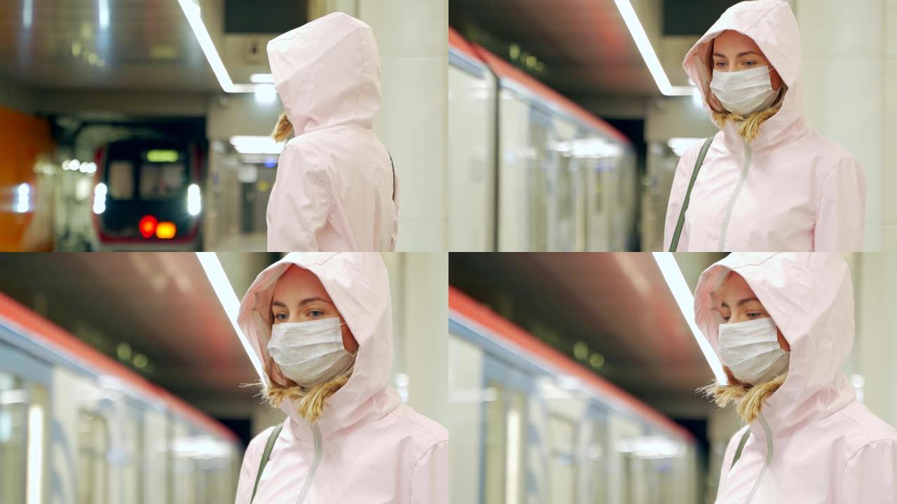 一名患病的妇女戴着防护口罩，以防传染病和公共交通工具或地铁上的流感。新冠状病毒