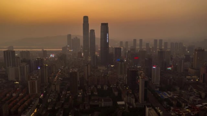 日落时间照明长沙市著名市中心滨河湾空中延时全景4k中国