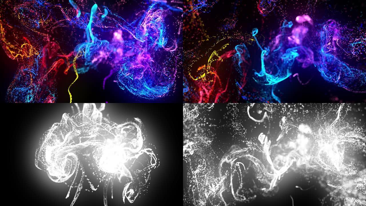 在4k的水中注入荧光墨水。墨水流中辉光粒子的3d渲染。两个碰撞流的相互作用。亮度哑光作为阿尔法通道。