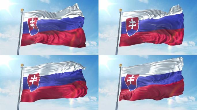 斯洛伐克国旗在深蓝色的天空中迎风飘扬。国家主题，国际理念。3D渲染无缝循环4K