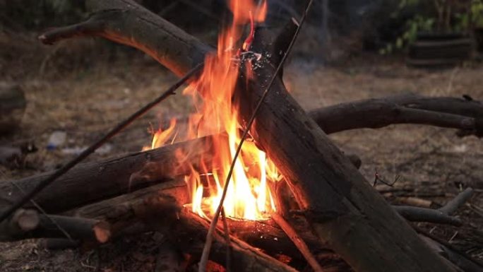 传统篝火。木制消防露营。烧柴。没有人。