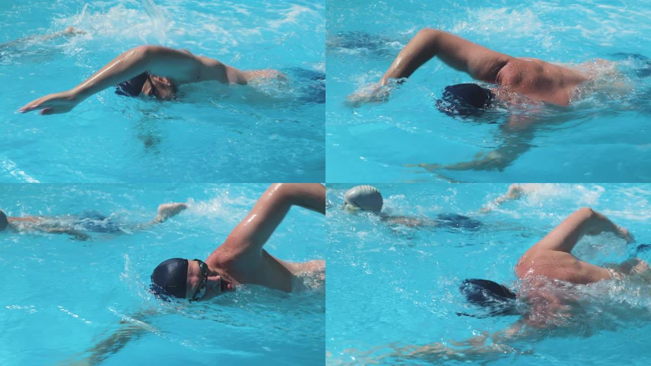 一个男人和一个男孩在清澈的蓝色水中游泳