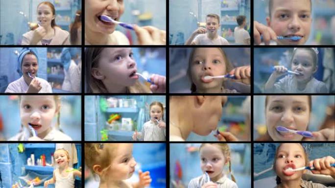 儿童和成人清洁牙齿，口腔护理，龋齿预防，视频马赛克