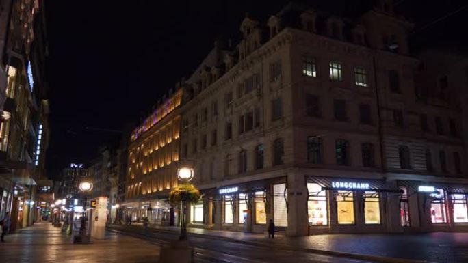 夜间照明甘尼瓦市中心著名交通街全景4k瑞士