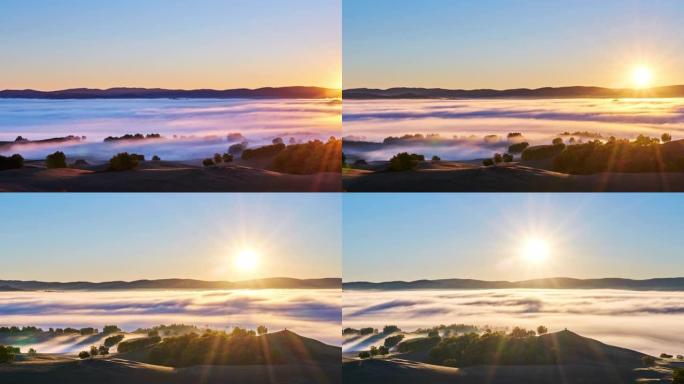 4K: 黎明至白天时间流逝的山谷中的深雾和低平流层云