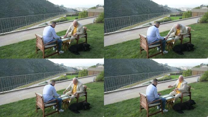 祖父和他的儿子正在花园里玩双陆棋