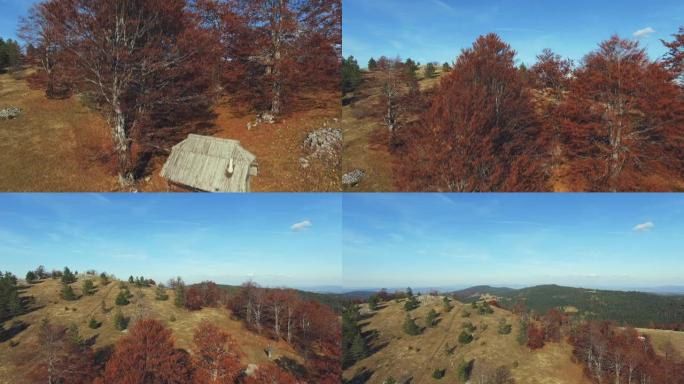 塞尔维亚一座山的航拍。无人机的观点，塞尔维亚的山在秋天的颜色。