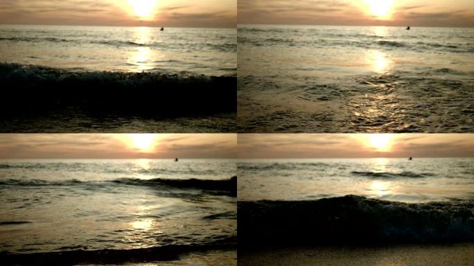 日落时的大海，海浪和太阳，慢动作