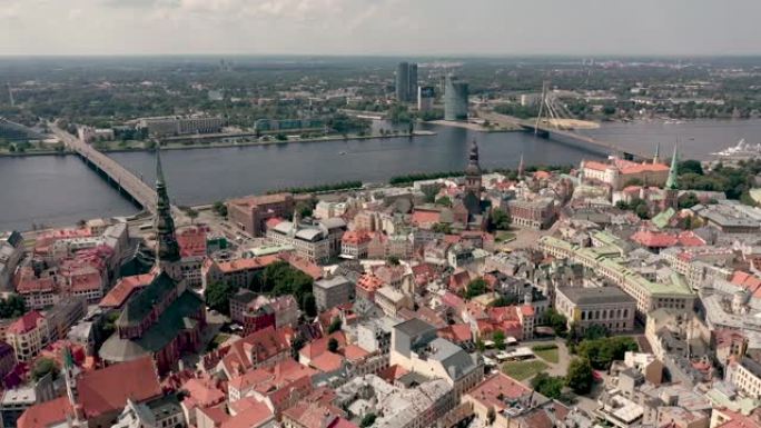 拉脱维亚里加-2019年5月: 在里加和道加瓦河老城中心著名的大教堂和屋顶的鸟瞰图。