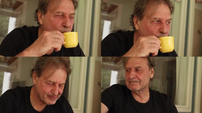 随意坦率的老人早上喝咖啡现实生活正宗早餐