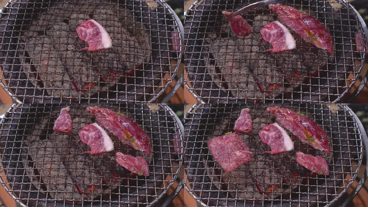 将肉放在热焰烤肉架上
