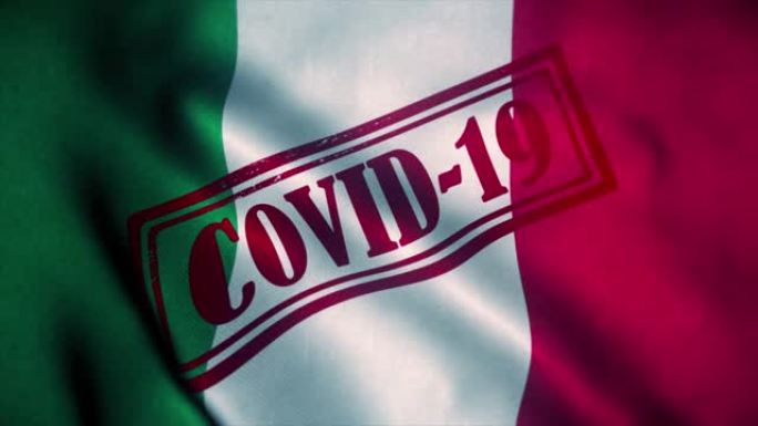 意大利国旗上印有Covid-19标志。冠状病毒的概念
