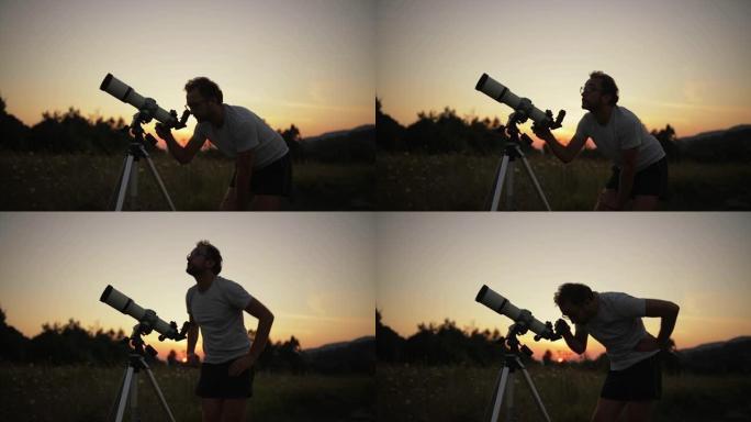 天文学家用望远镜看着星星和月亮。
