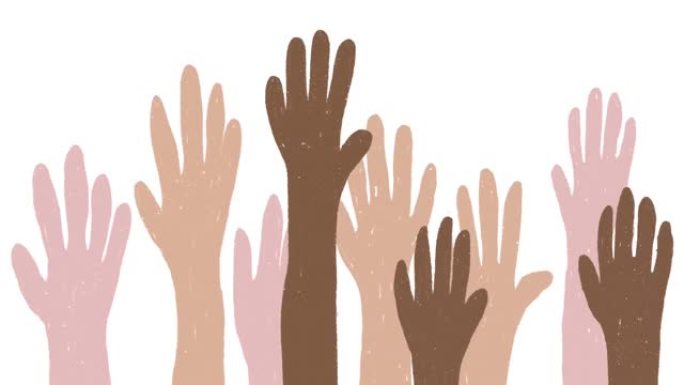 在空中举起双手的环状动画。种族多样性、包容性、投票、志愿活动或庆祝的概念