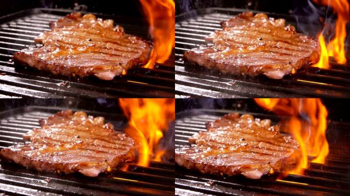令人垂涎的肉牛排在烤架上油炸