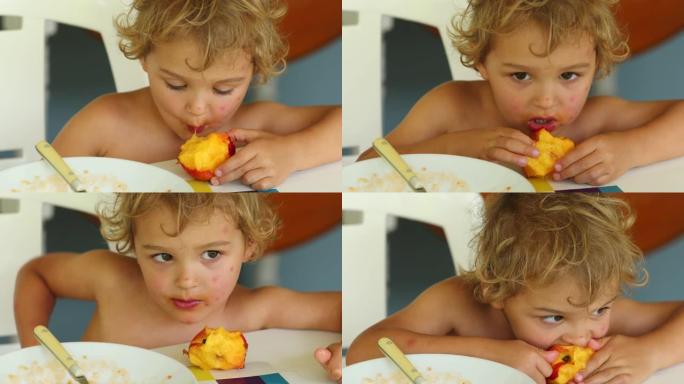 幼儿吃桃子水果外国小孩吃东西特写实拍