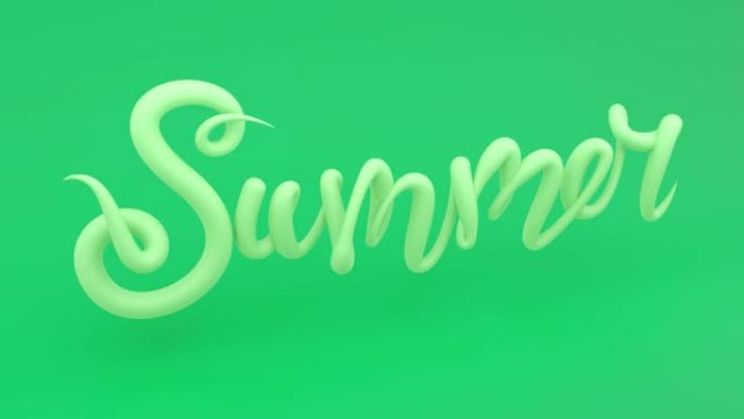 绿色背景上的体积笔画形成单词Summer的3D动画。计算机循环动画。3D渲染。