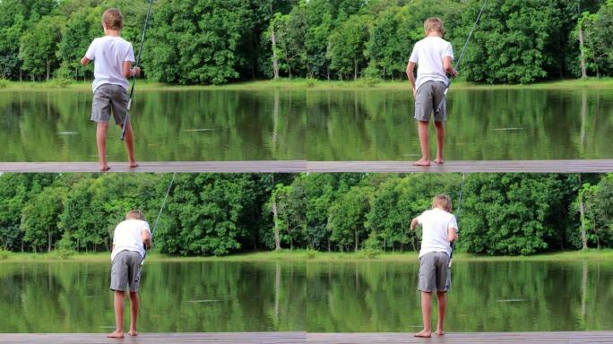 小男孩在户外自然的原始美丽的绿湖钓鱼