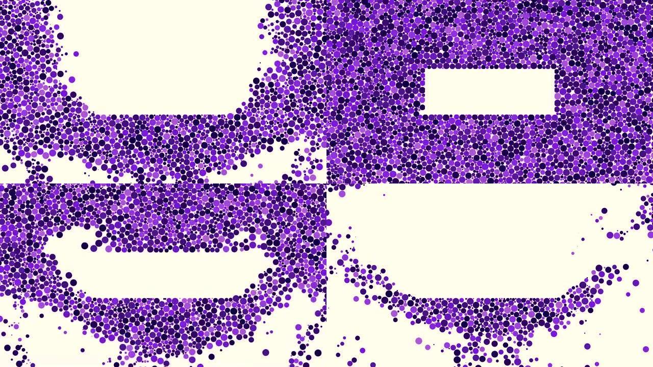 彩色球体，许多圆形粒子聚集在白色背景上的矩形形状中。动画。紫色圆圈掉落，中间空旷的地方