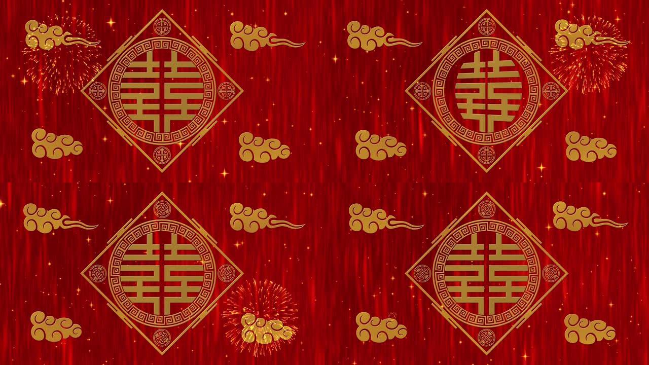 农历新年，春节背景，双喜，simbol，云，闪闪发光的星星。活动的农历新年红纸背景。3D渲染动画。无
