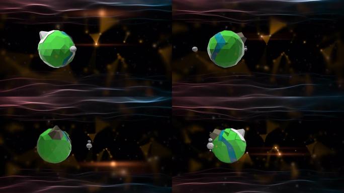地球外虚拟空间上霓虹灯环内的3d抽象低聚物体。