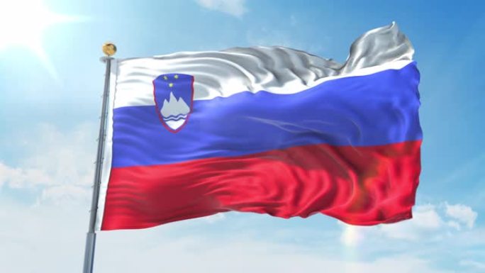 斯洛文尼亚国旗在深蓝色的天空中迎风飘扬。国家主题，国际理念。3D渲染无缝循环4K
