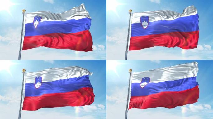 斯洛文尼亚国旗在深蓝色的天空中迎风飘扬。国家主题，国际理念。3D渲染无缝循环4K