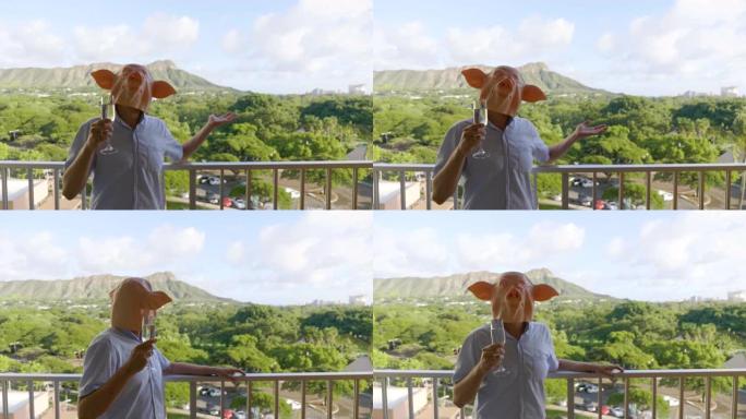 夏威夷一个戴着猪面具的男人在4k慢动作60fps的有趣场景