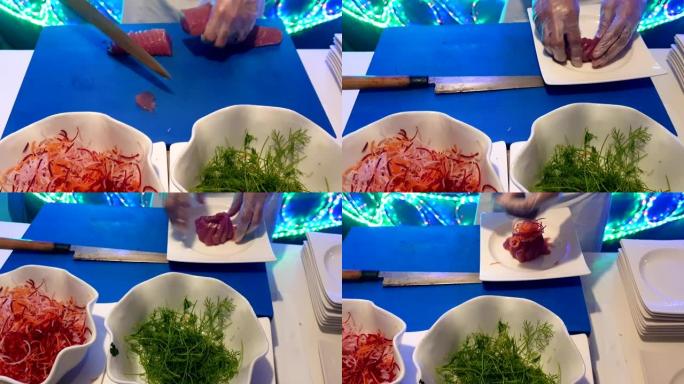 蓝鳍金枪鱼生鱼片美味菜肴的制备