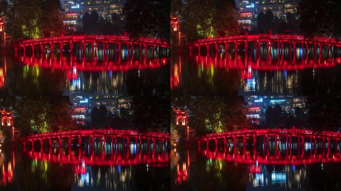 时间流逝:玉山寺和红桥倒影在还剑湖，河内，越南