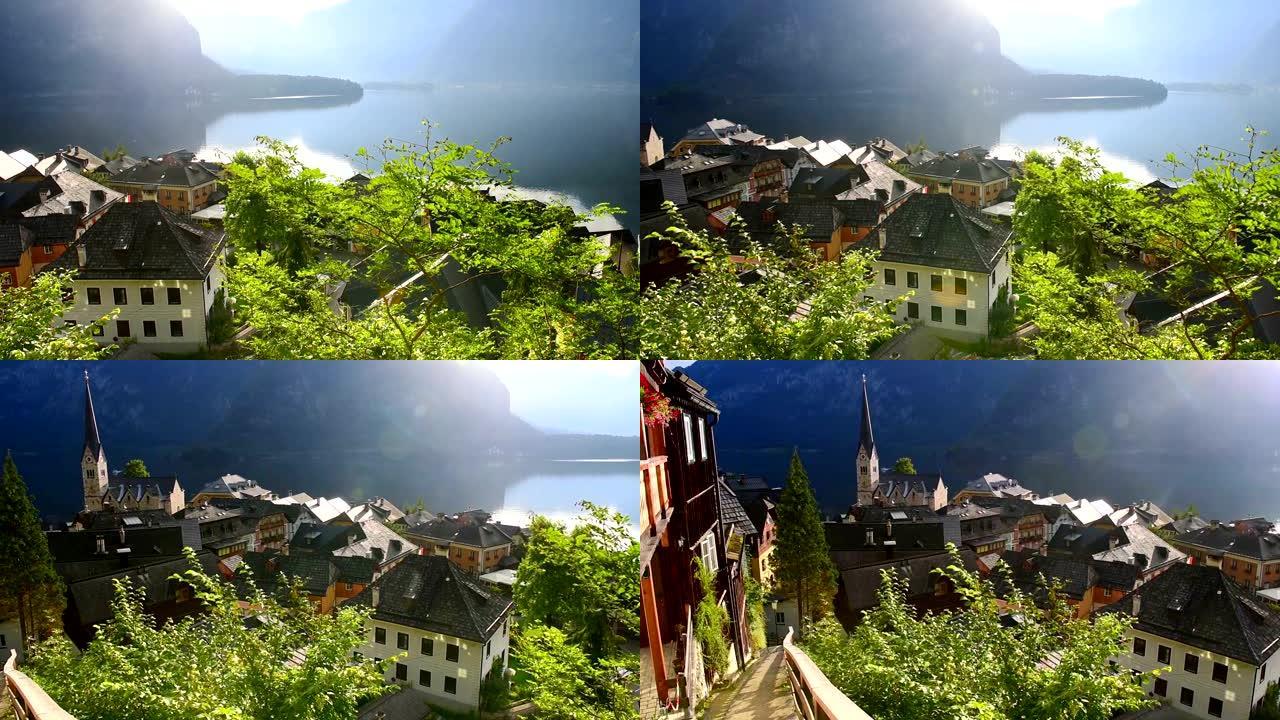 上奥地利州哈尔施塔特-达施泰因·萨尔茨卡默古特的哈尔施塔特村和哈尔施塔特湖的美丽风景与戏剧性的clo