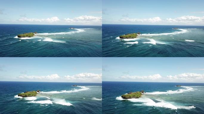 Siargao岛西南的岩石岛波浪的鸟瞰图