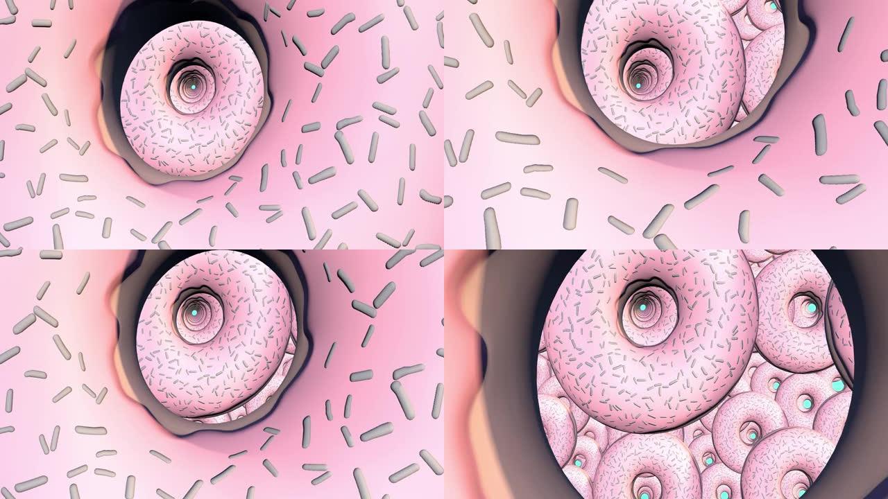 抽象多彩动画，明亮甜甜圈的背景。3D渲染