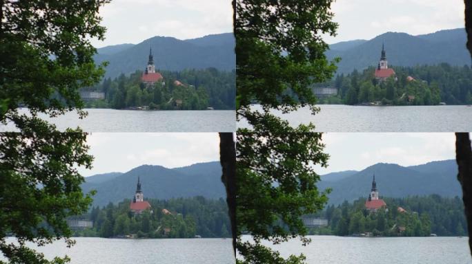 斯洛文尼亚岛上有布莱德湖和教堂的景观